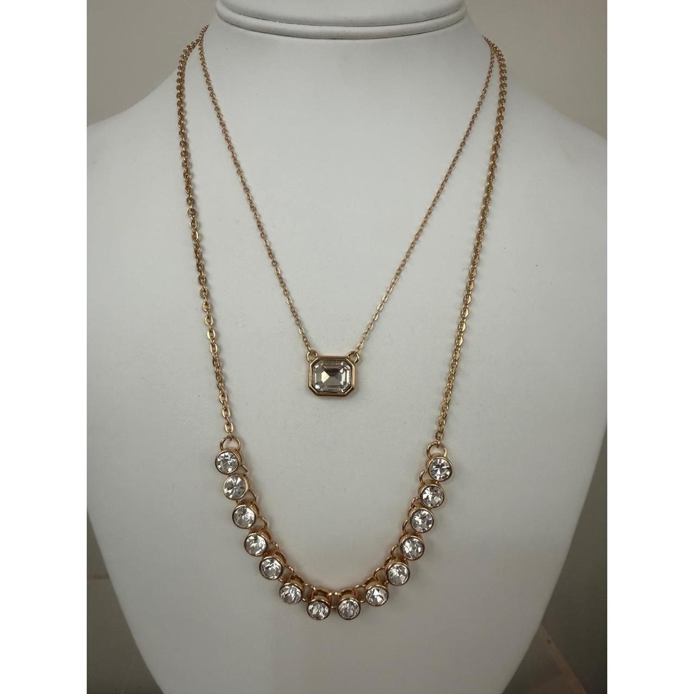 Chaps Gold Tone Necklace Rhinestone Layered Double Strand Design - Picture 1 of 4